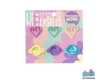 BROCHES CLIPS MOOVING CON FORMA (CORAZON/PLANETA) PASTEL X 6